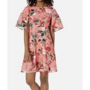 NEW Vince Camuto Floral Scuba Fit And Flare Mini Dress Size 12 Coral